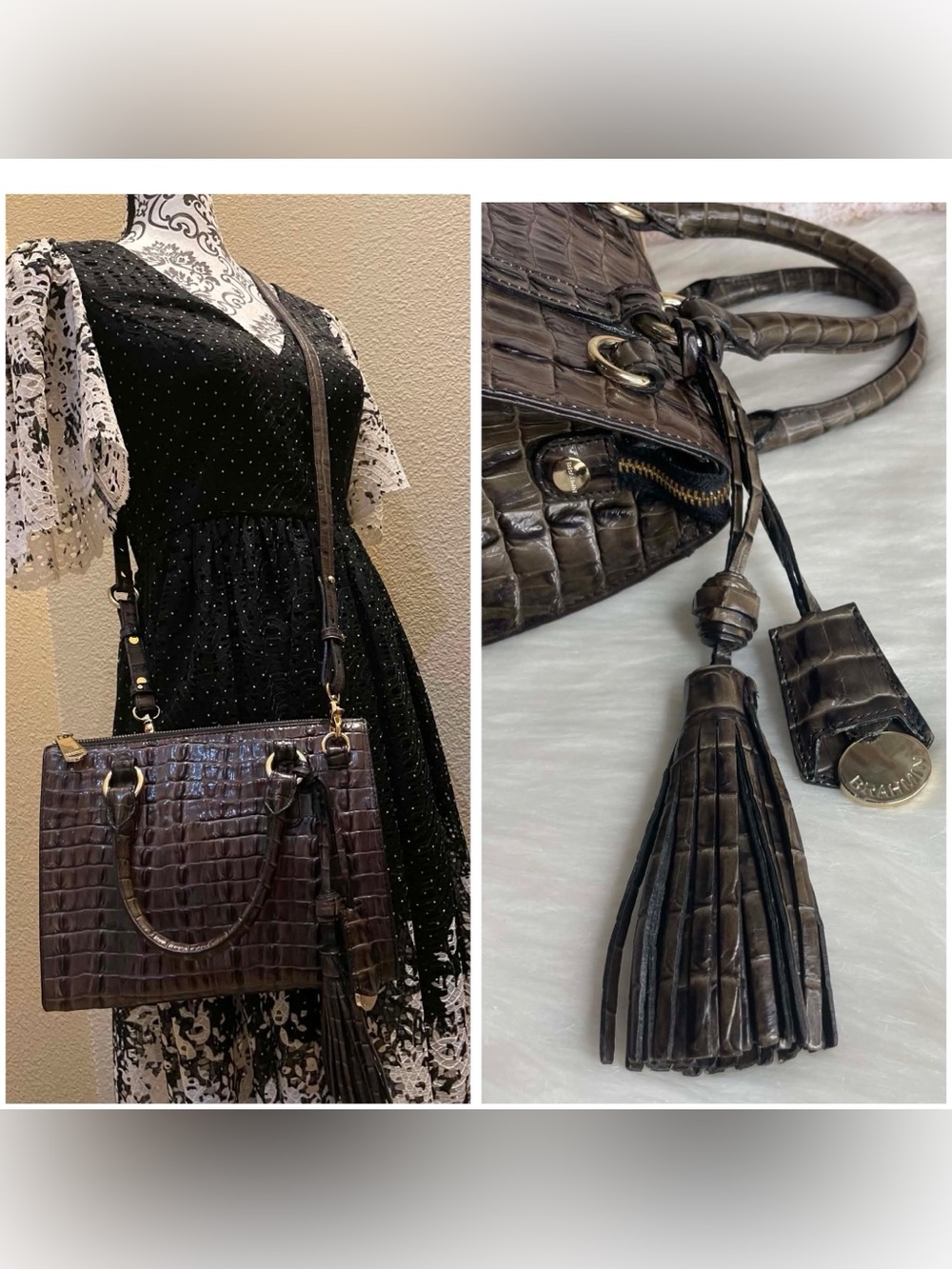 Brahmin Brown Croc-Embossed Leather Tote Bag with Tassel Charm - Picture 14 of 14